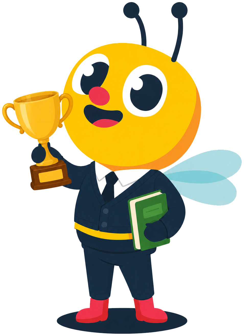 Busy Bees bee in a suit holding a trophy