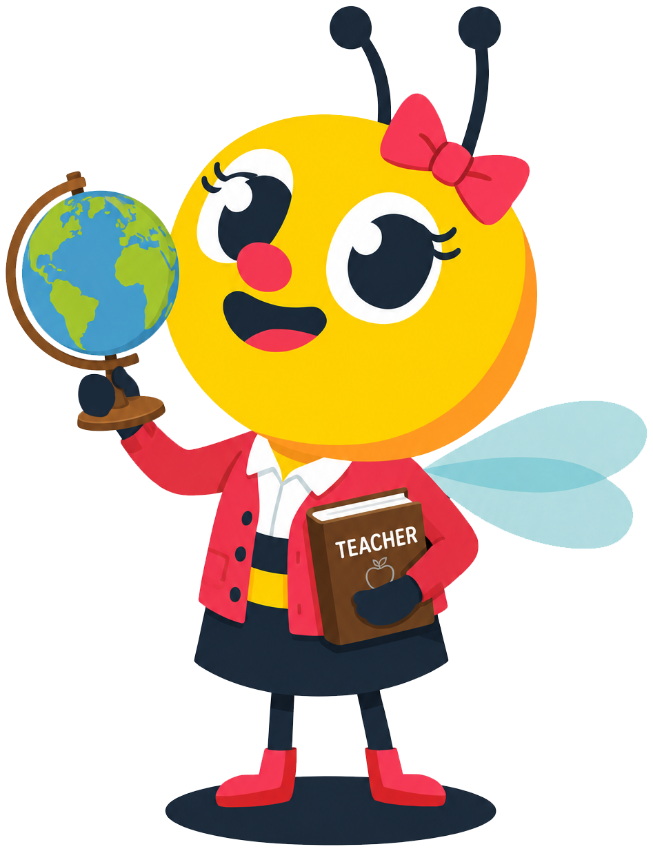 Busy Bees teacher bee with a globe and handbook